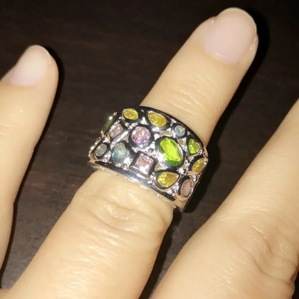 Cubic Zirconia CZ White Gold Rhodium Plated Silver Multi Gem Ring, Pendant Set - Picture 5 of 10